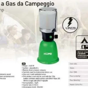 Lampada Gas Da Campeggio 190 Gr 1600w Accensione Piezoelettrica Con Paralume