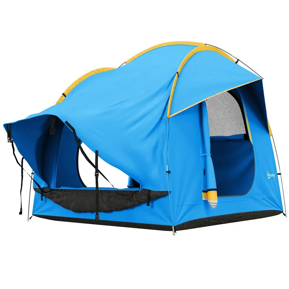 Tenda per auto tenda da campeggio 3 porte resistente alle intemperie arancione-blu, 239x210x210cm