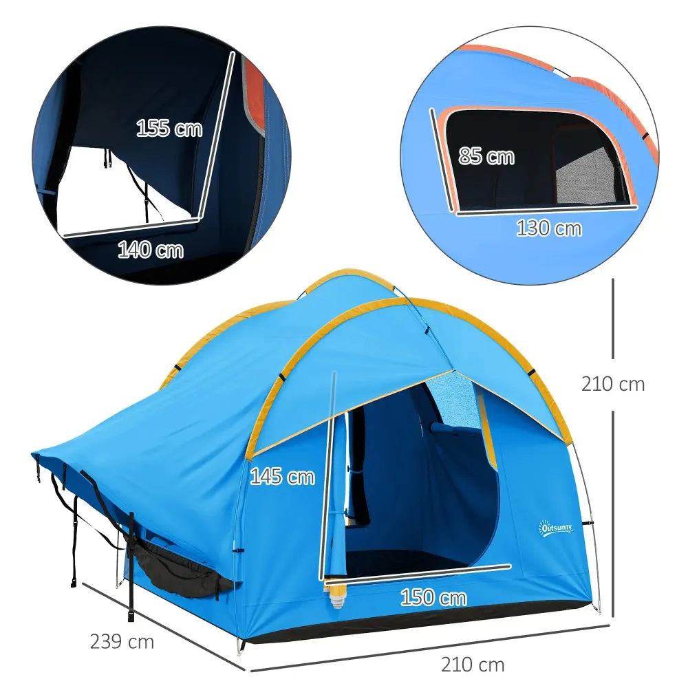 Tenda per auto tenda da campeggio 3 porte resistente alle intemperie arancione-blu, 239x210x210cm