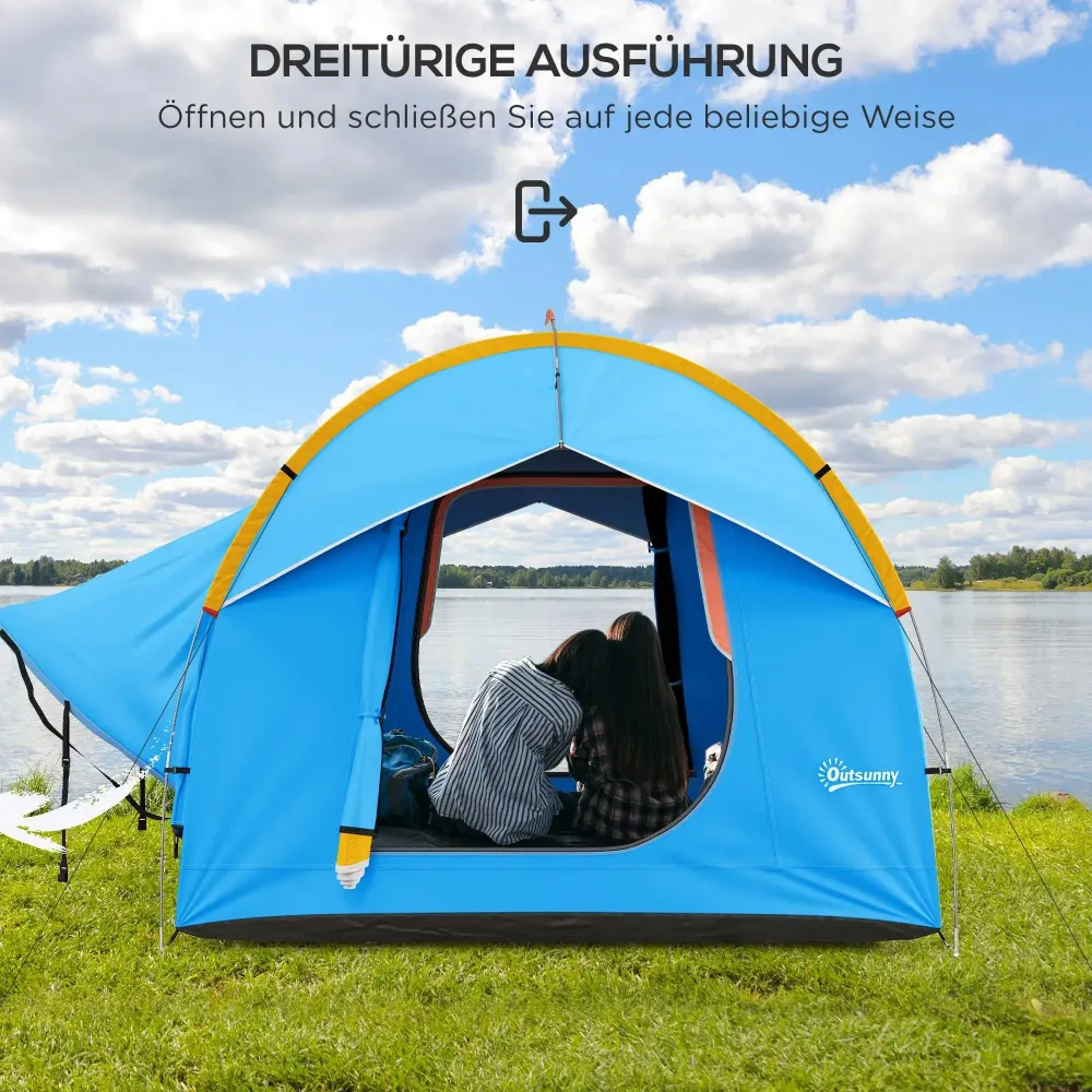 Tenda per auto tenda da campeggio 3 porte resistente alle intemperie arancione-blu, 239x210x210cm